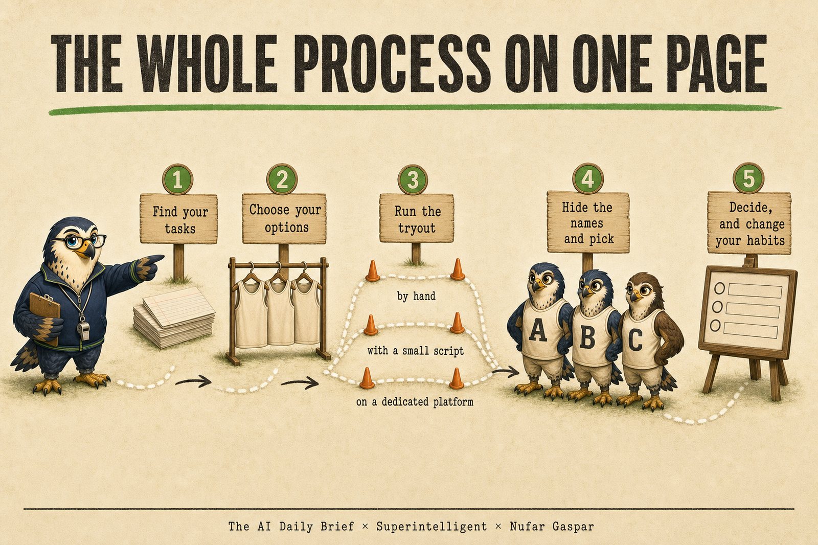 The whole process on one page: find your tasks, choose your options, run the tryout, hide the names and pick, decide and change your habits